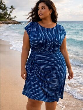 Blue Geometric Draped Dress Resort Chic Stretch Midi Flowy 2X Fit Plus Size 20W